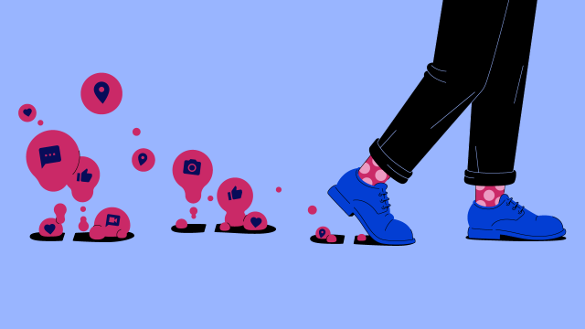Illustration of a character walking and leaving data footprint