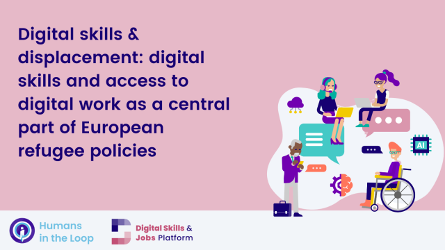 A pink banner with an illustration of a group of people. Text on the left reads: "Digital skills and displacement: digital skills and access to digital work as a central part of European refugee policies